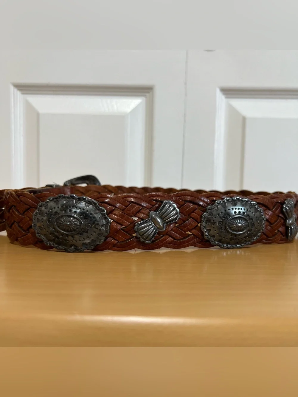 Vtg Another Line Braided Brown Leather Western Concho Belt Size Small